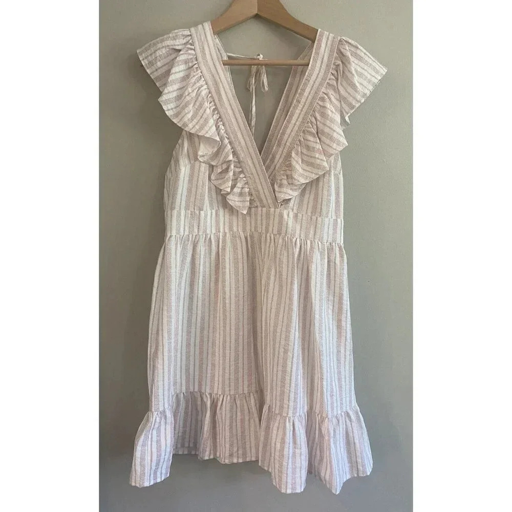 Storia Dress Sleeveless Ruffle Pink White Stripe Large L